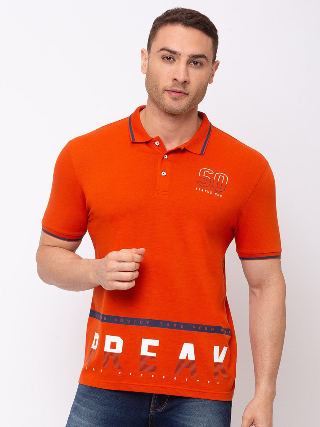 

Status Quo Men Orange Typography Printed Polo Collar T-shirt