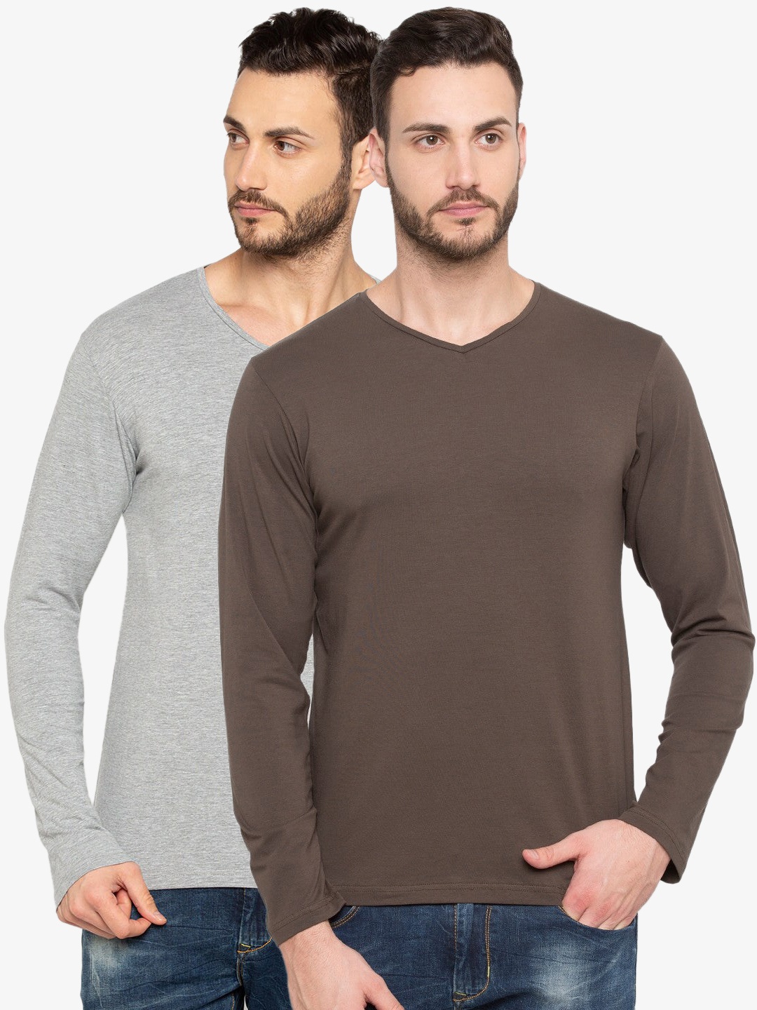

Status Quo Men Olive Green & Grey Set Of 2 V-Neck Cotton T-shirt
