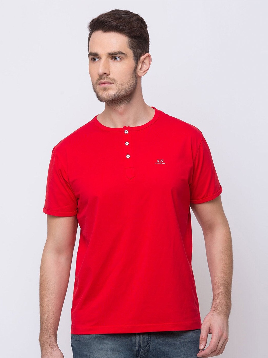 

Status Quo Men Red Henley Neck Cotton T-shirt