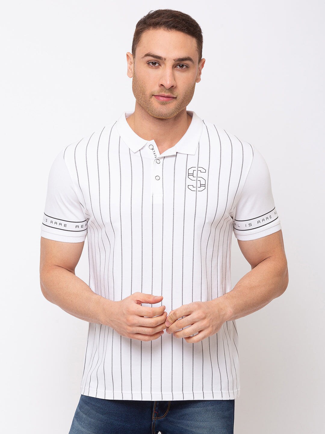 

Status Quo Men White Striped Polo Collar T-shirt