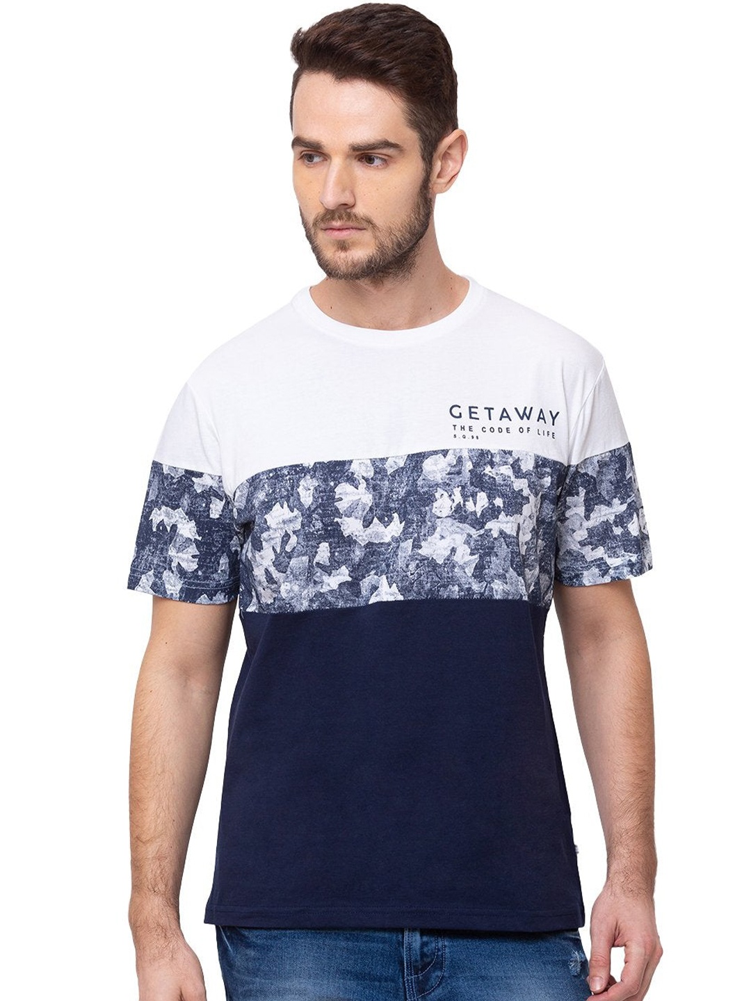 

Status Quo Men Navy Blue Camouflage Printed Cotton T-shirt