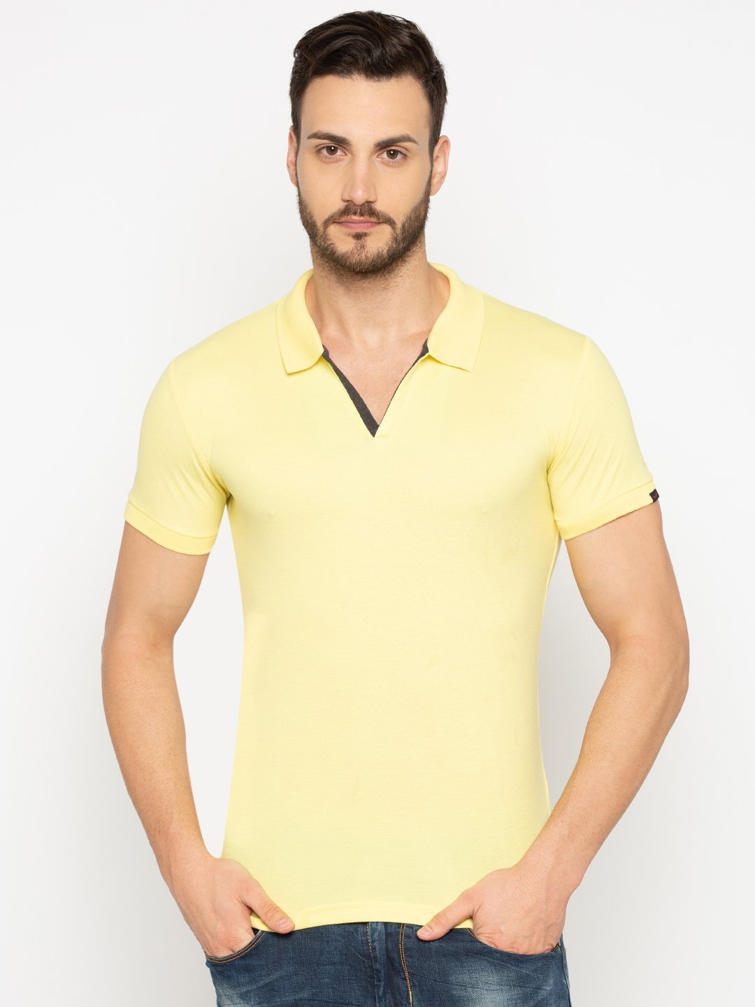 

Status Quo Men Yellow Solid Polo Collar T-shirt