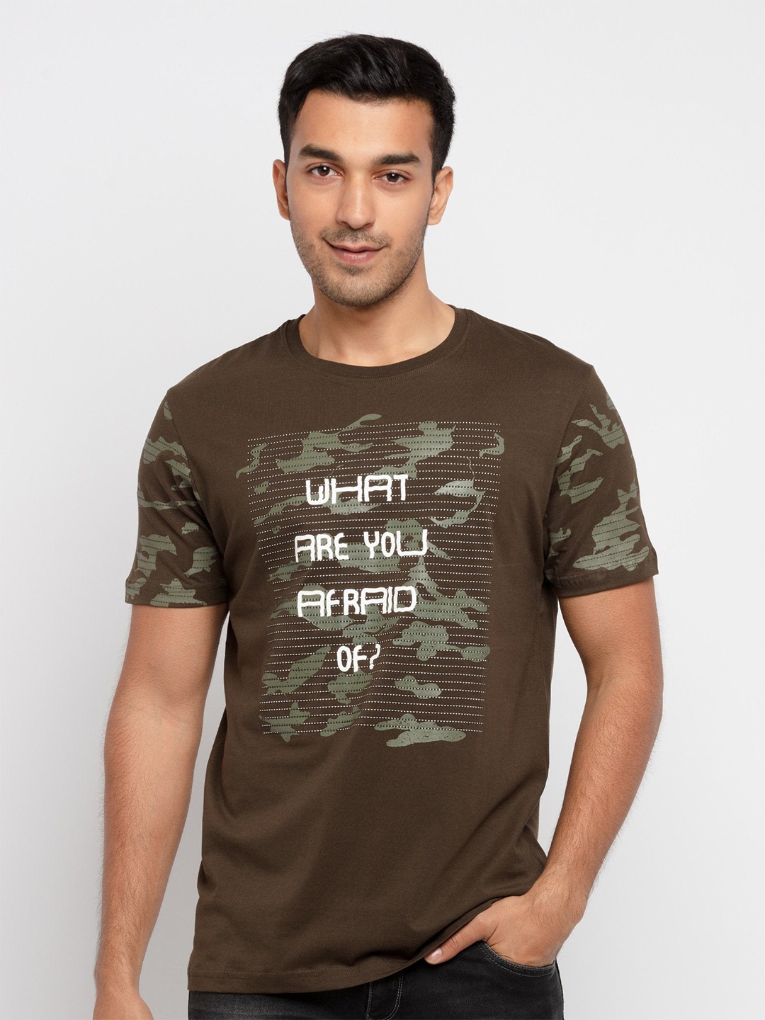 

Status Quo Men Olive Green Typography Printed T-shirt