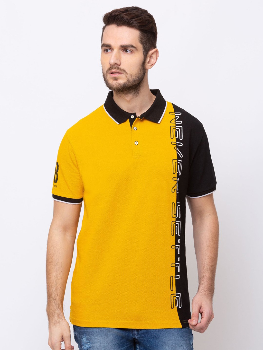

Status Quo Men Black Typography Printed Polo Collar T-shirt
