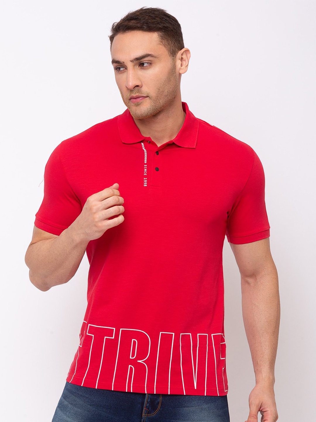 

Status Quo Men Red Typography Printed Polo Collar Cotton T-shirt