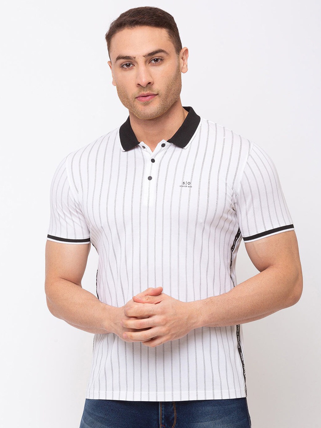 

Status Quo Men Off White Striped Polo Collar Cotton T-shirt