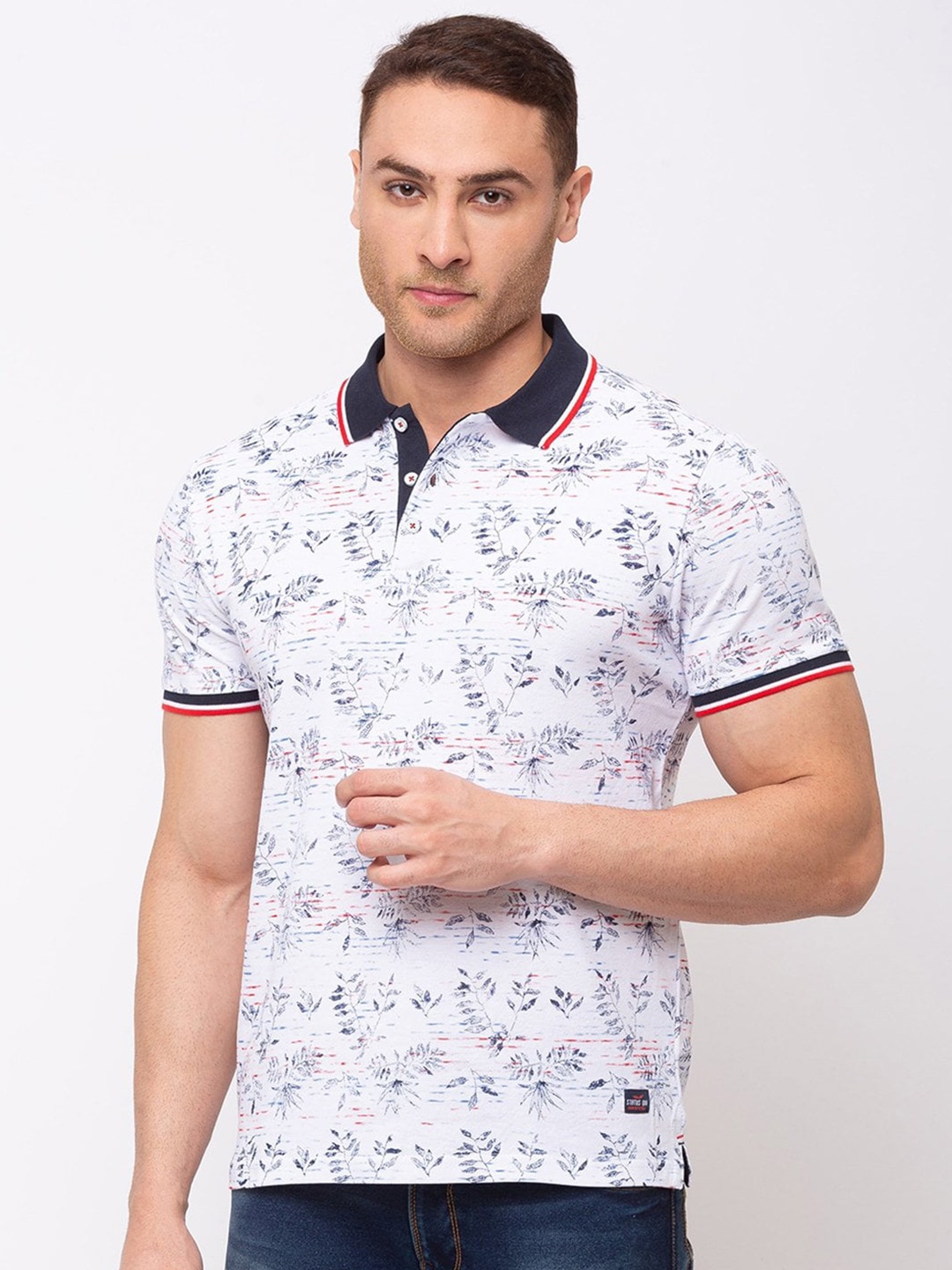 

Status Quo Men White & Navy Blue Floral Printed Polo Collar Cotton T-shirt