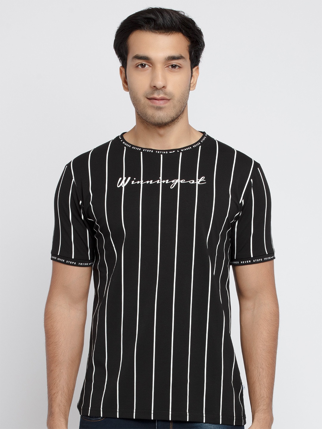

Status Quo Men Black Striped Cotton T-shirt