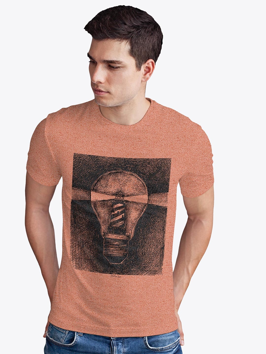Status Quo Men Coral & Black Printed Cotton T-shirt