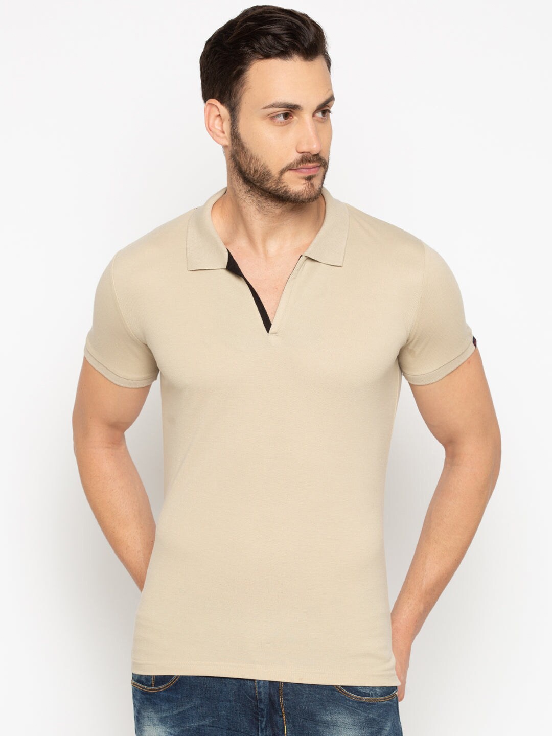 

Status Quo Men Cream-Coloured Polo Collar Cotton T-shirt