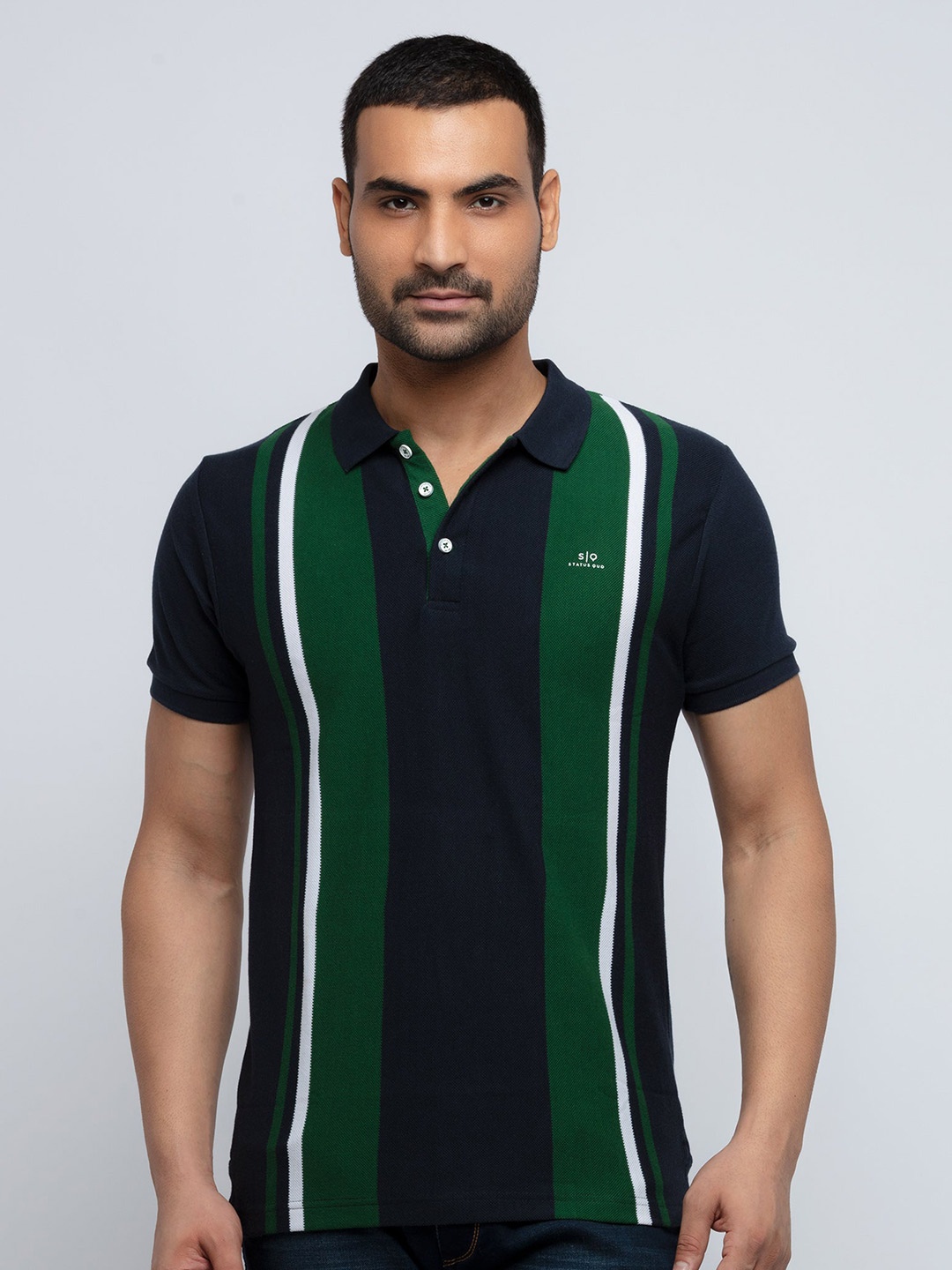 

Status Quo Men Green Striped Polo Collar Cotton T-shirt