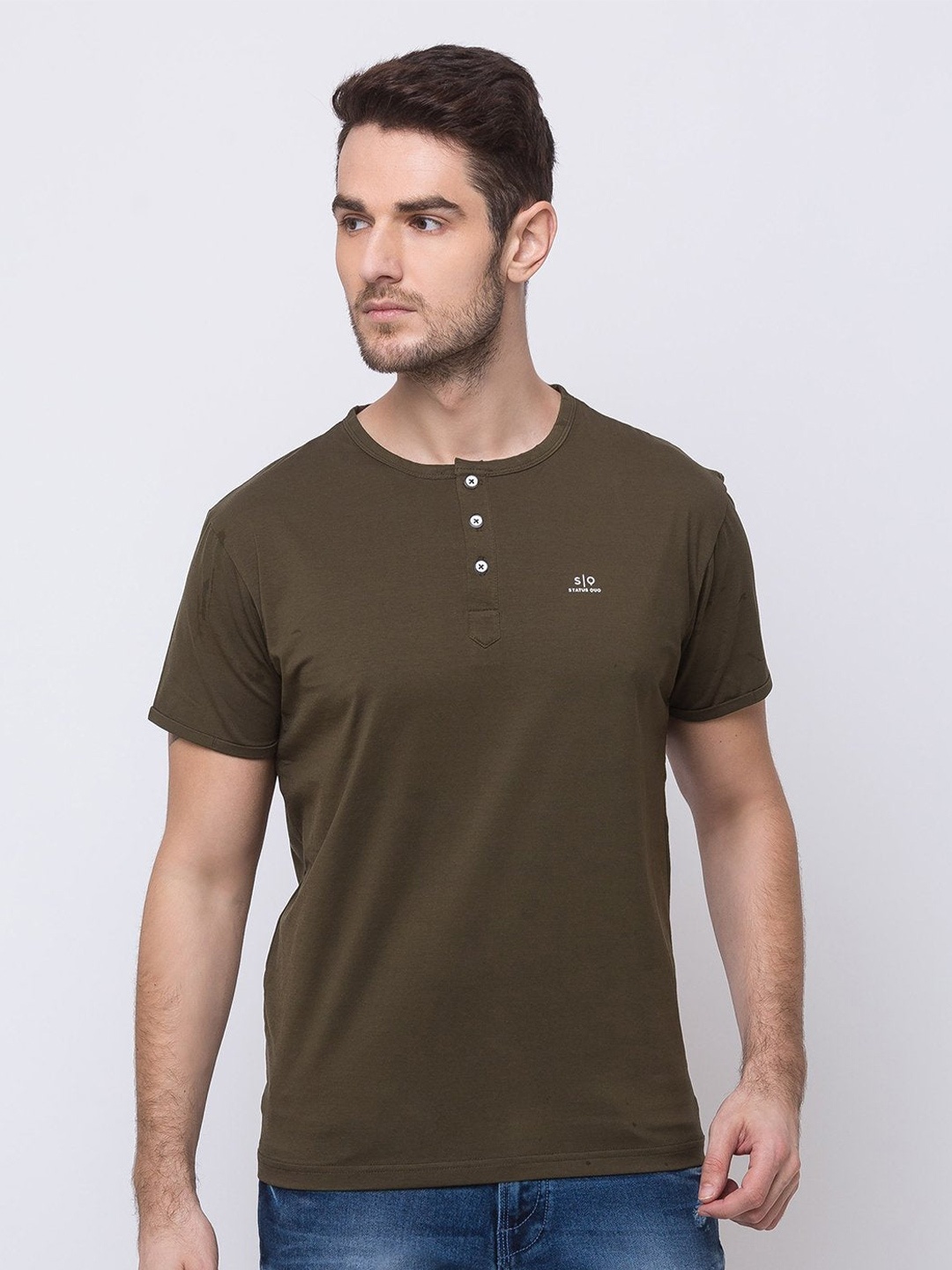

Status Quo Men Green Henley Neck Cotton T-shirt