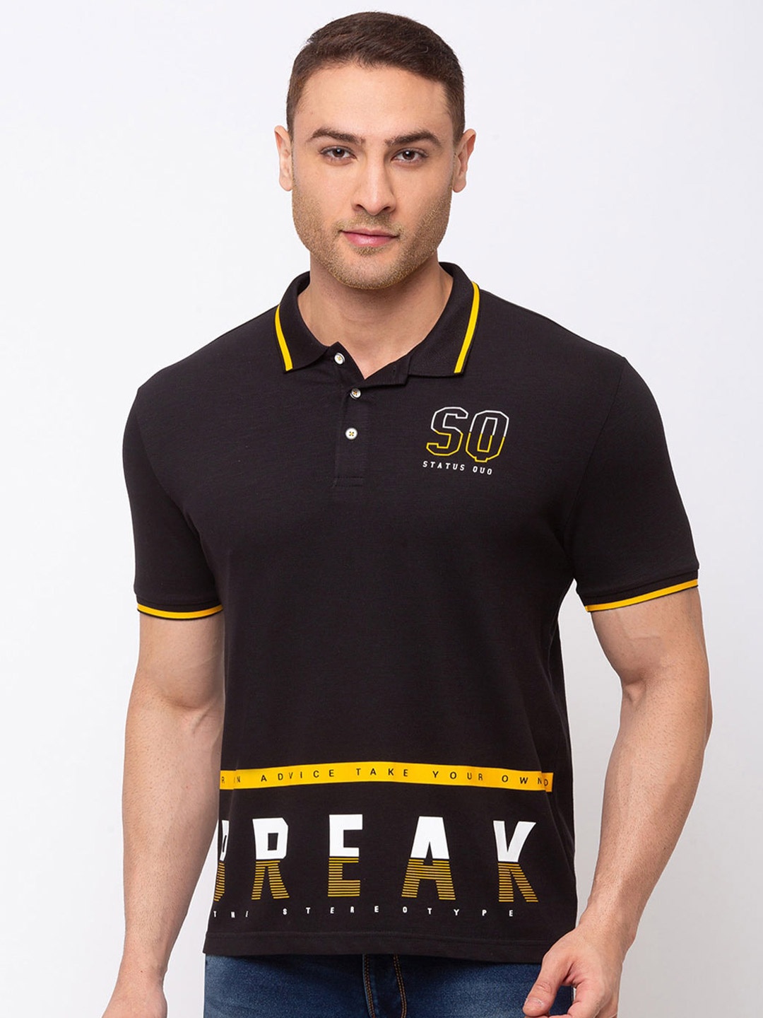 

Status Quo Men Black Typography Printed Polo Collar Cotton T-shirt
