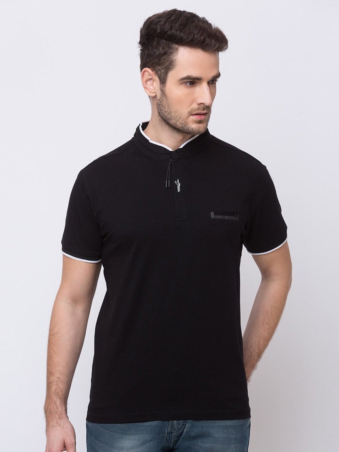 

Status Quo Men Black Mandarin Collar T-shirt
