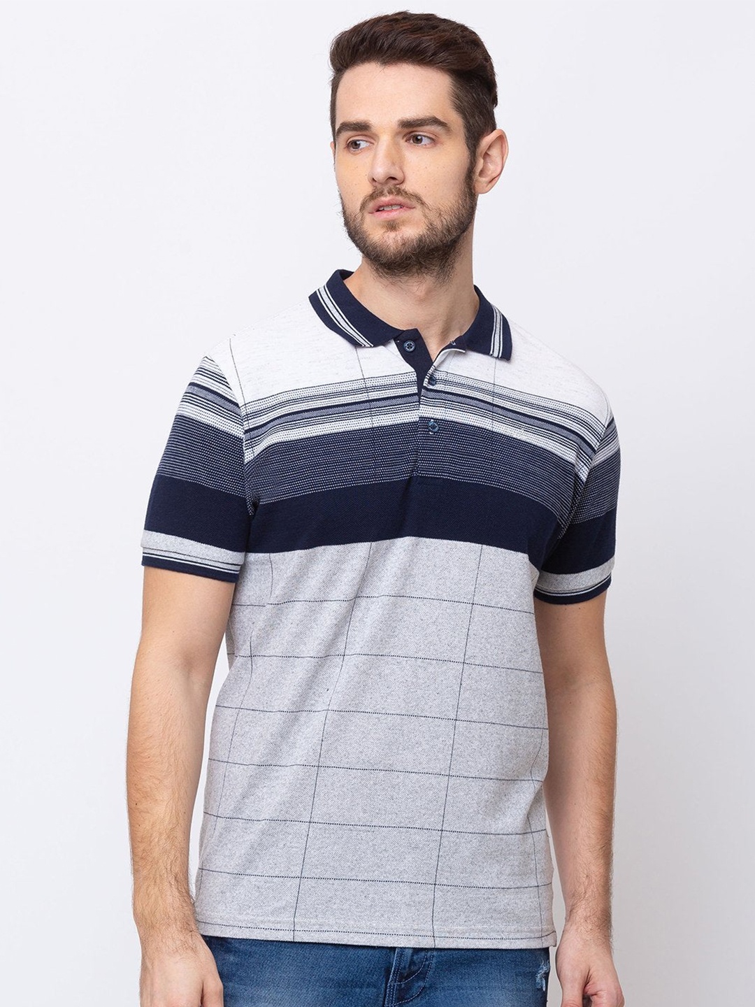 

Status Quo Men Grey Checked Polo Collar T-shirt
