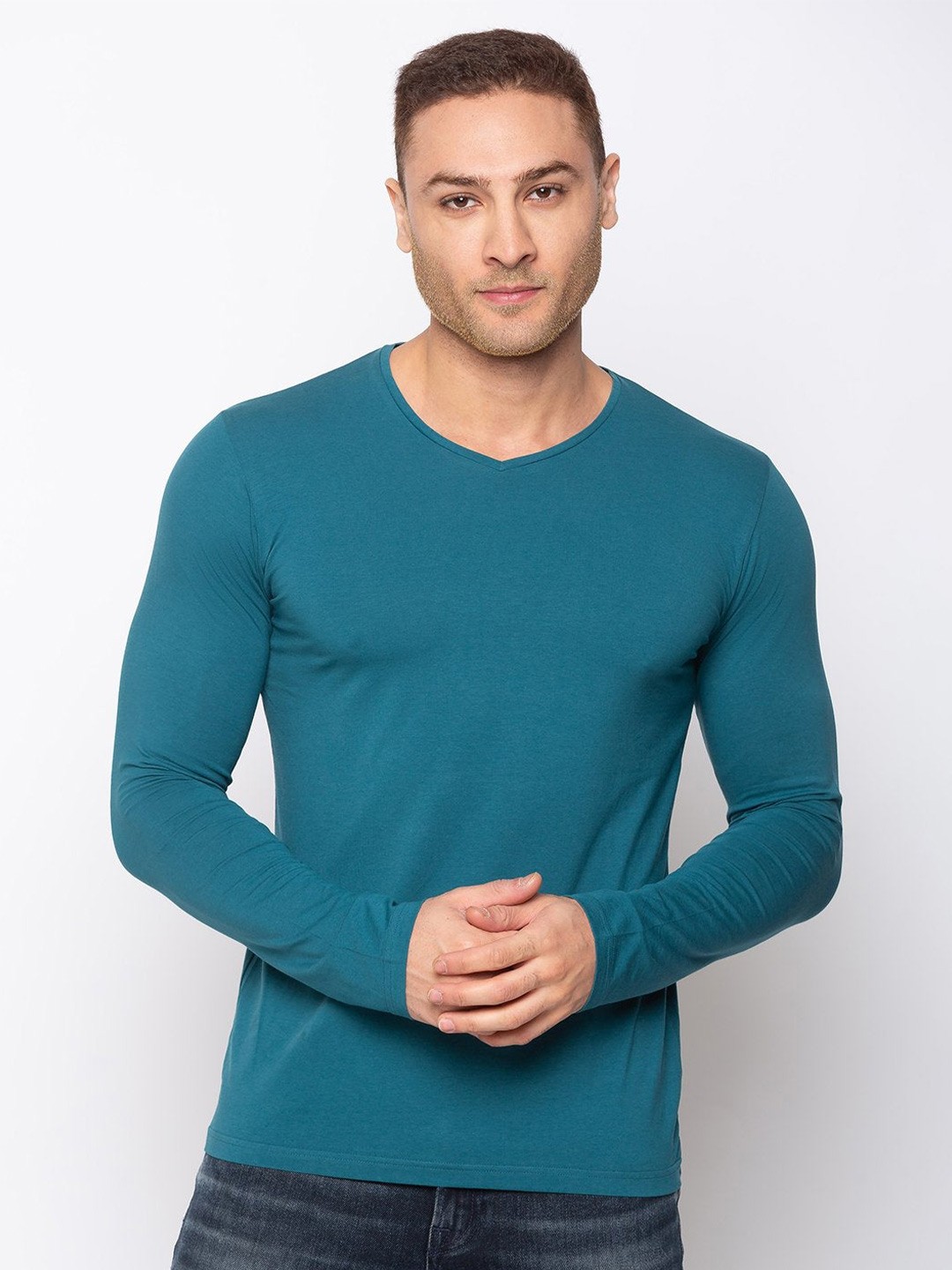 

Status Quo Men Teal V-Neck Cotton T-shirt