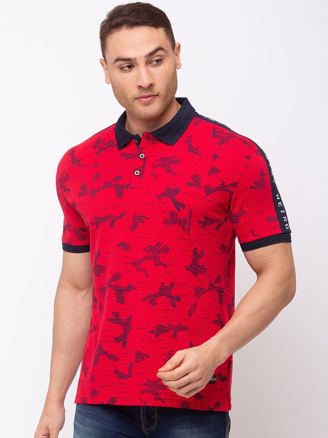 

Status Quo Men Red & Navy Blue Printed Polo Collar T-shirt