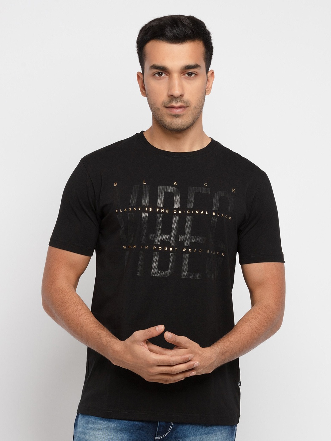 

Status Quo Men Black Typography Printed Cotton T-shirt