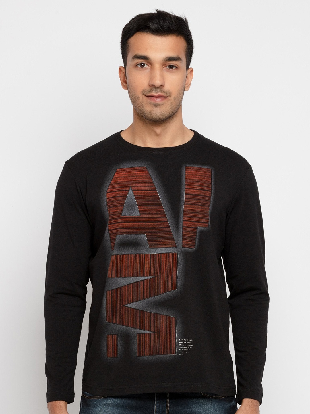 

Status Quo Men Plus Size Black & Red Typography Printed T-shirt
