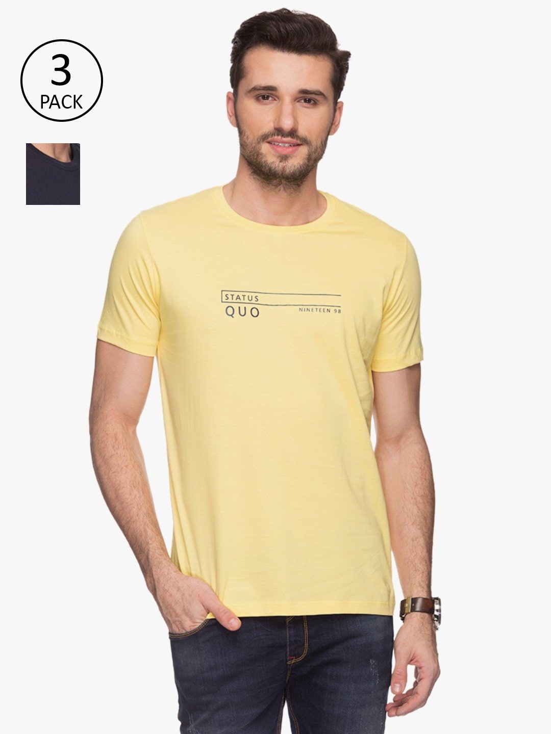Status Quo Men Navy Blue & Yellow Pack of 2 Typography Printed Cotton T-shirt