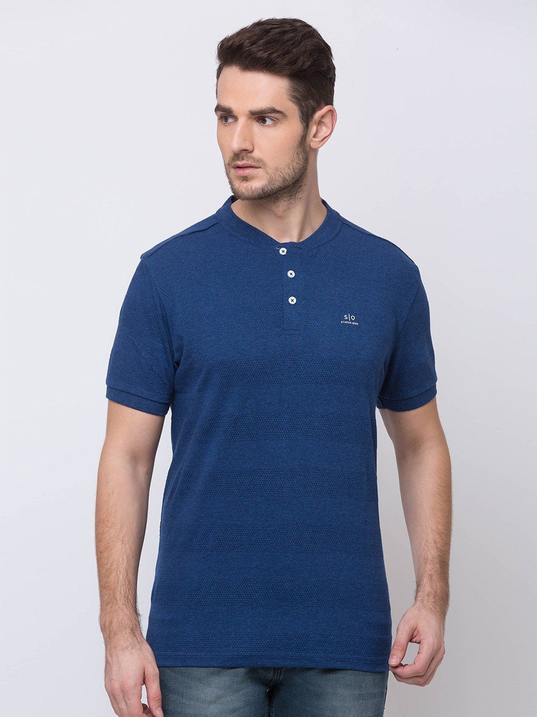 

Status Quo Men Blue Striped Henley Neck Cotton T-shirt