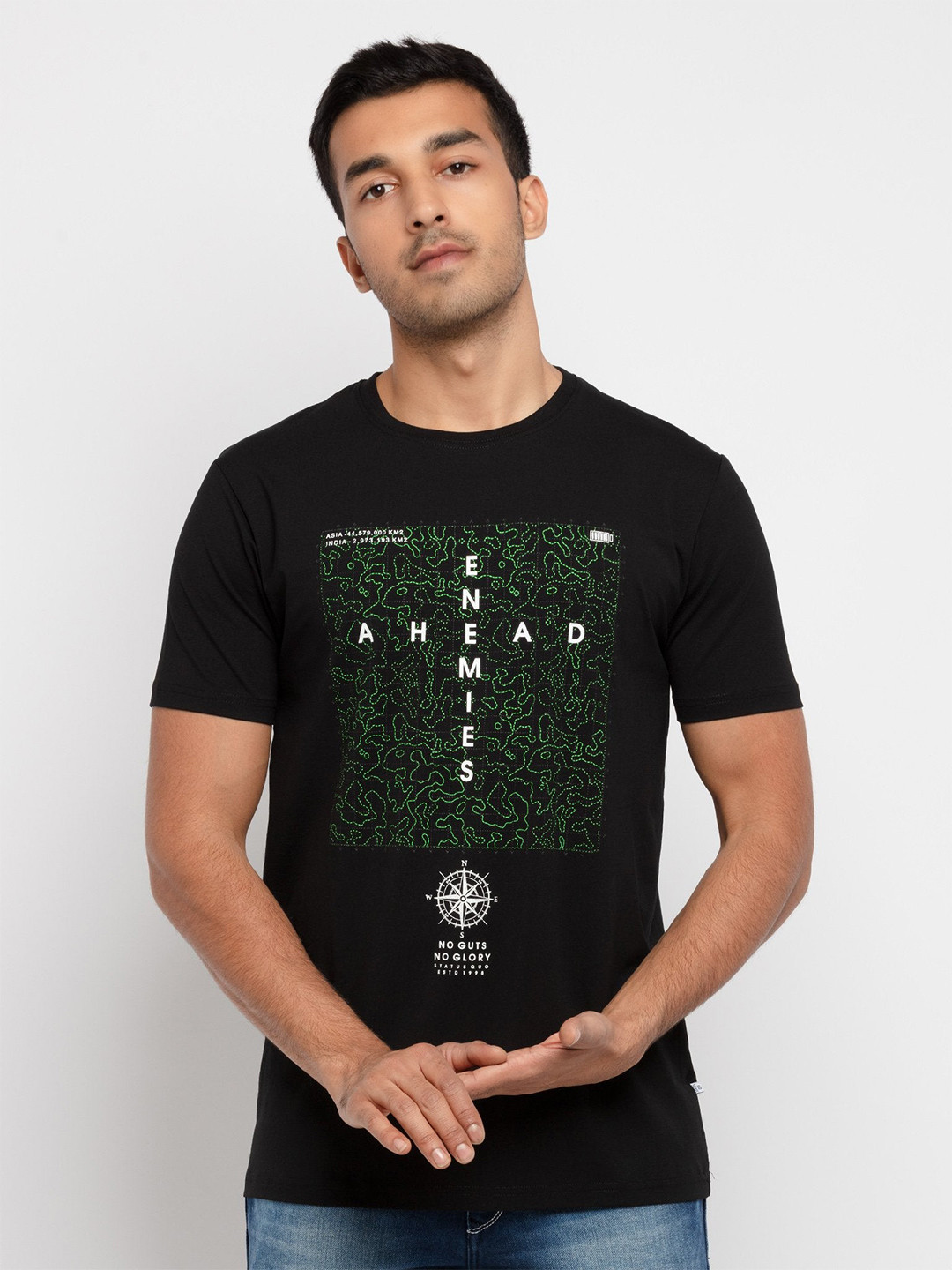 

Status Quo Men Black Printed Cotton T-shirt