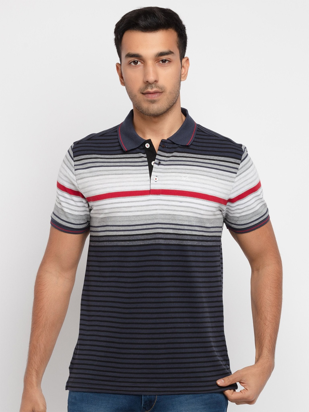 

Status Quo Men Red & Navy Blue Striped Polo Collar T-shirt
