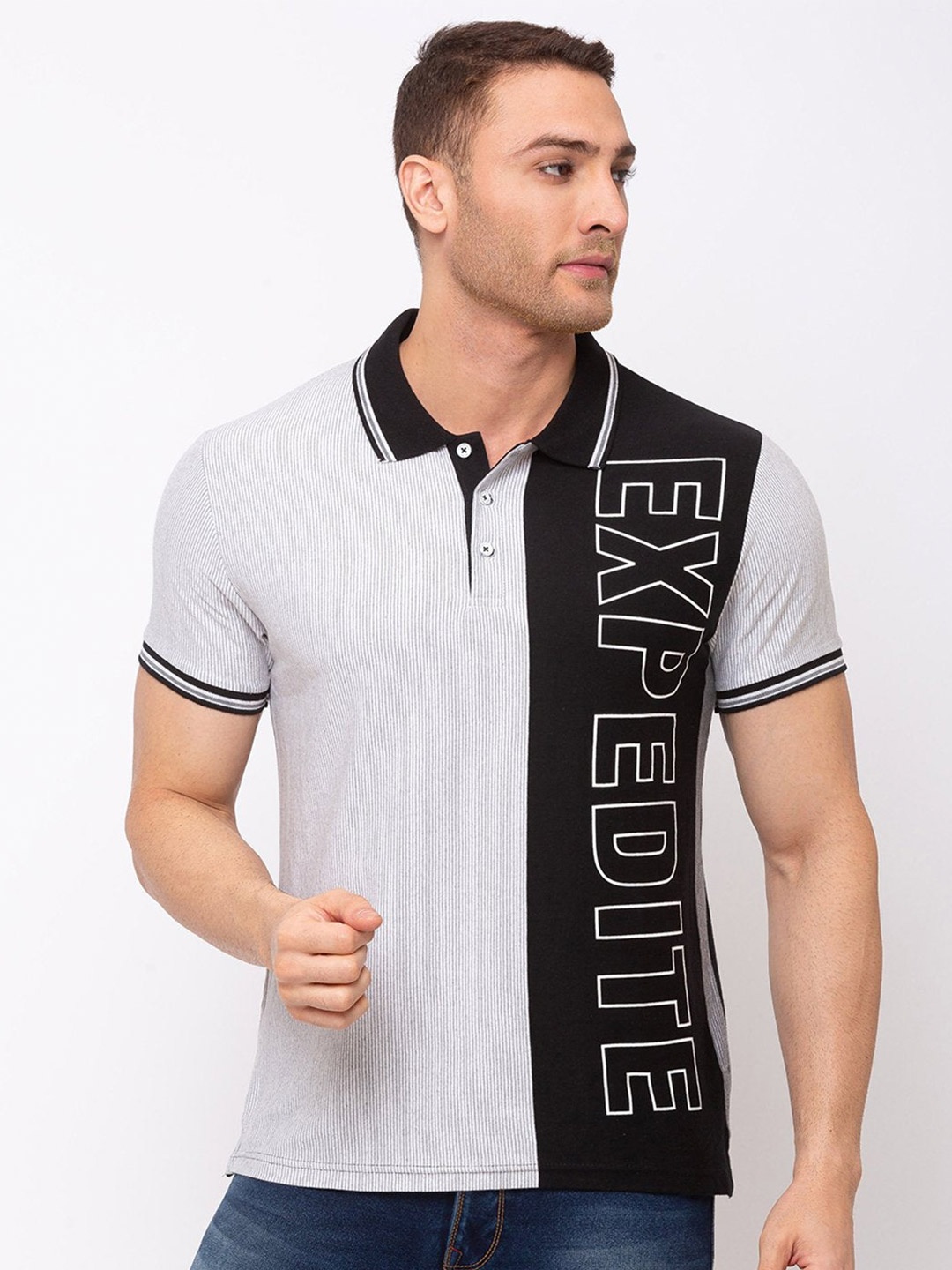 Status Quo Men Black & Grey Typography Printed Polo Collar Cotton T-shirt