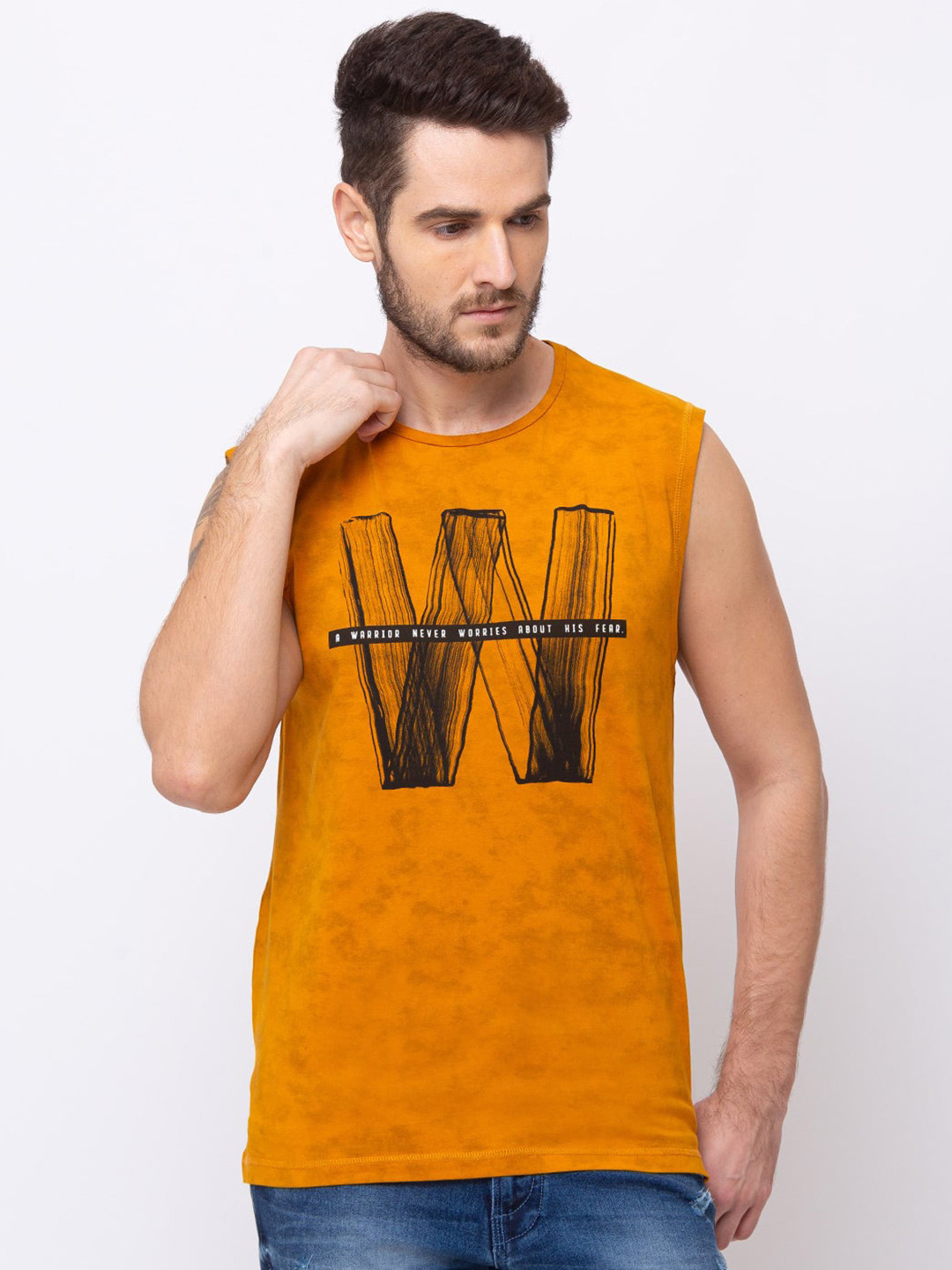 

Status Quo Men Mustard Yellow Typography Printed T-shirt