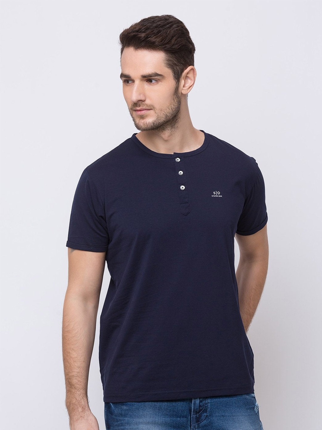 

Status Quo Men Navy Blue Henley Neck Cotton T-shirt