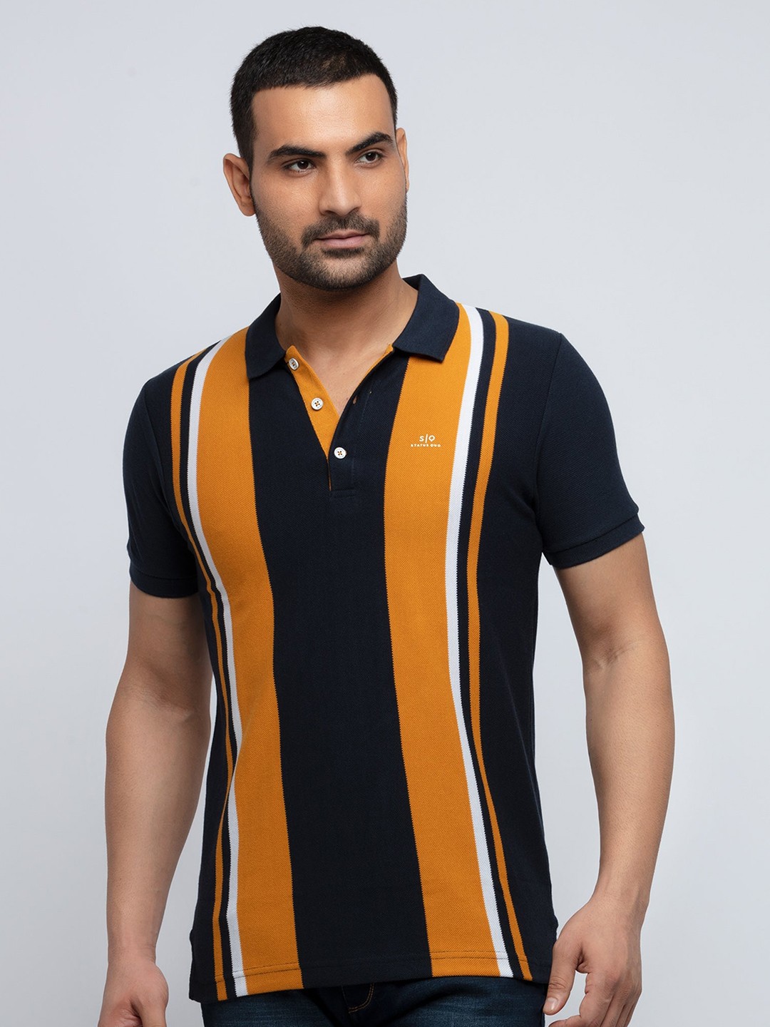 

Status Quo Men Navy Blue Striped Polo Collar T-shirt