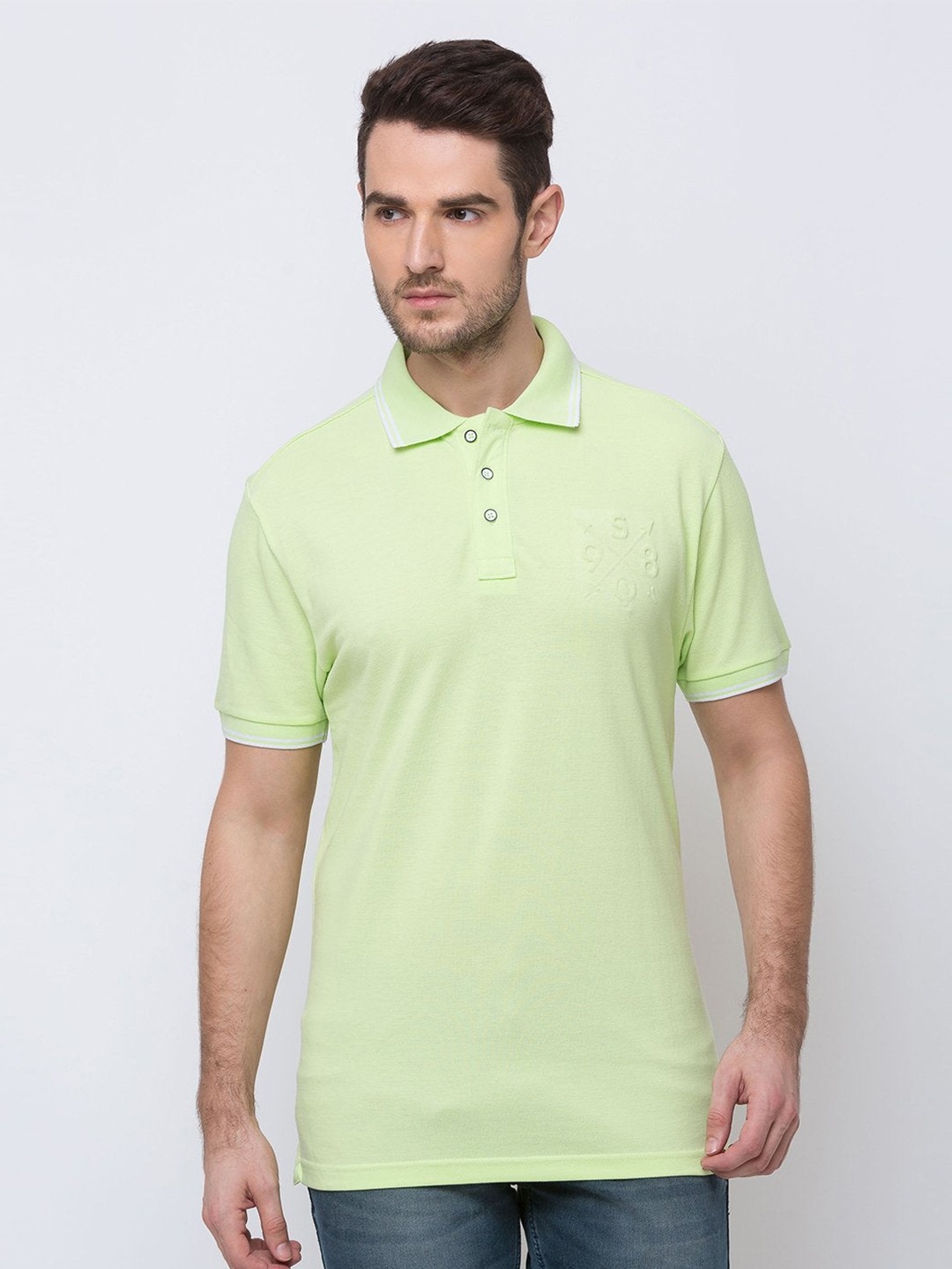 

Status Quo Men Lime Green Polo Collar Cotton T-shirt