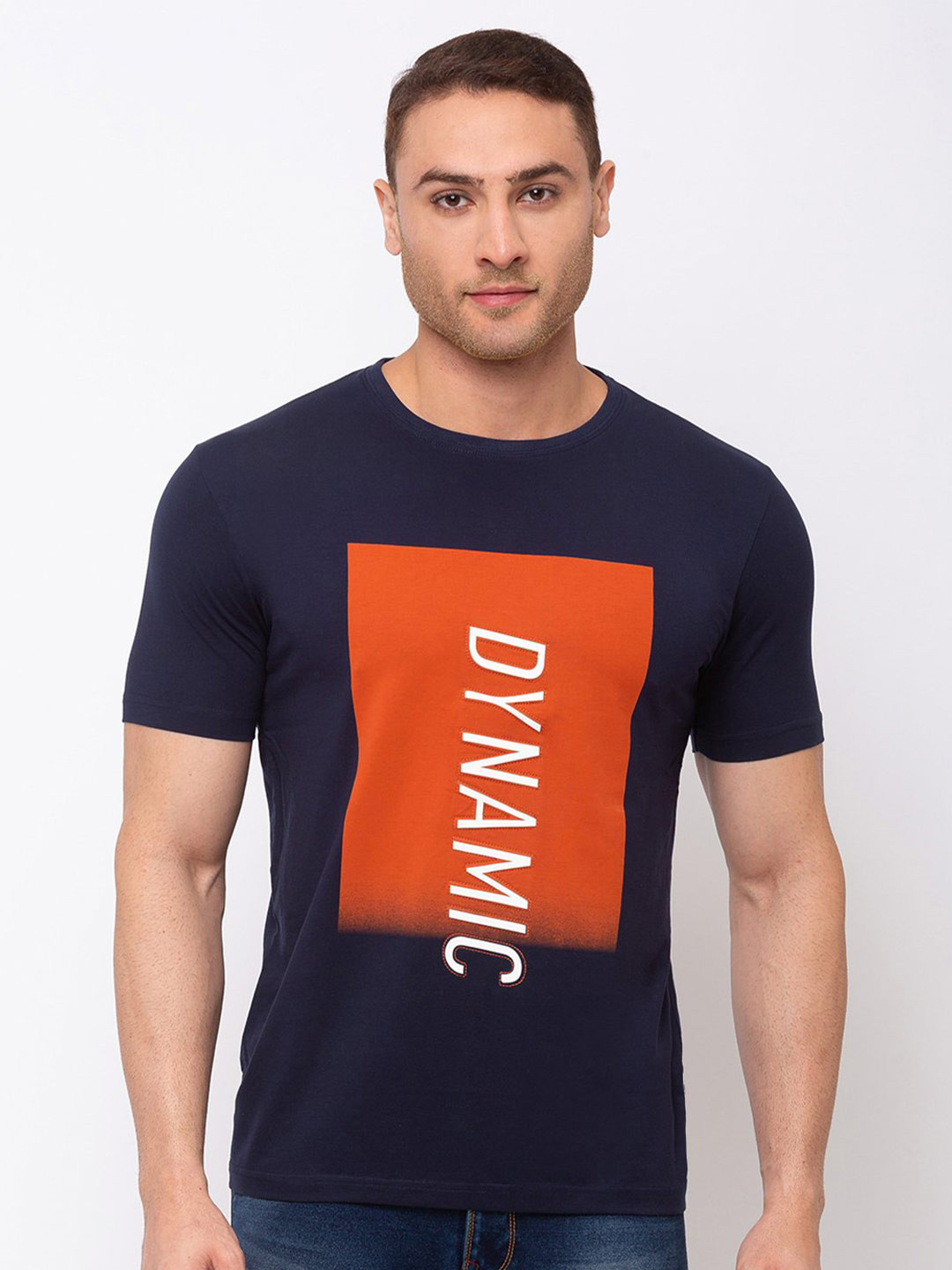 

Status Quo Men Navy Blue Typography Printed Cotton T-shirt