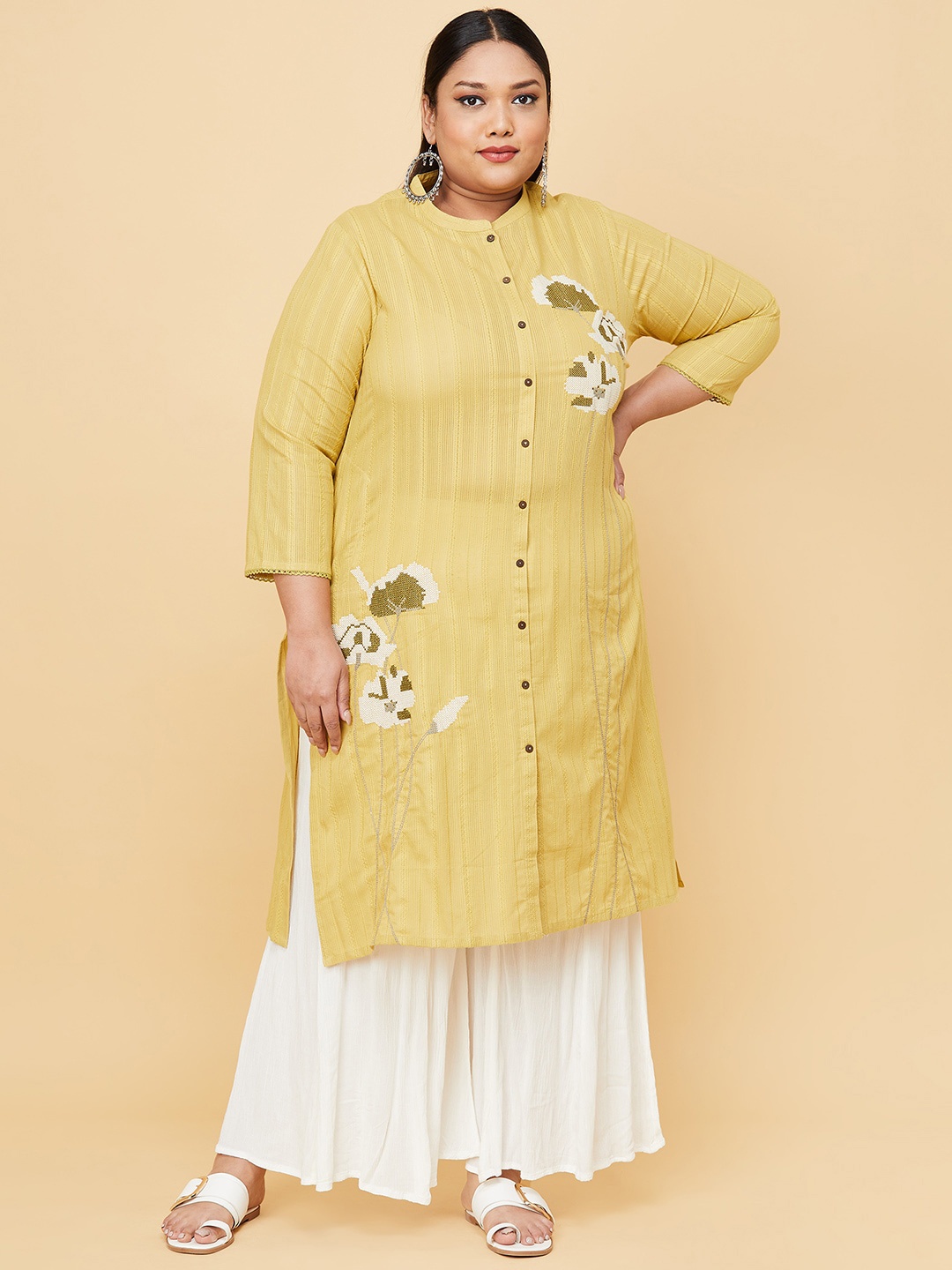 

max Women Plus Size Yellow Floral Embroidered Kurta