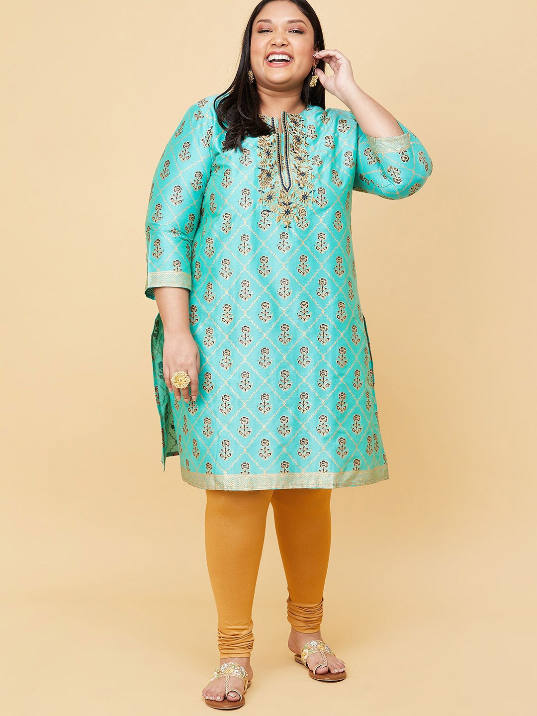 

max Women Plus Size Teal Ethnic Motifs Printed Keyhole Neck Kurta