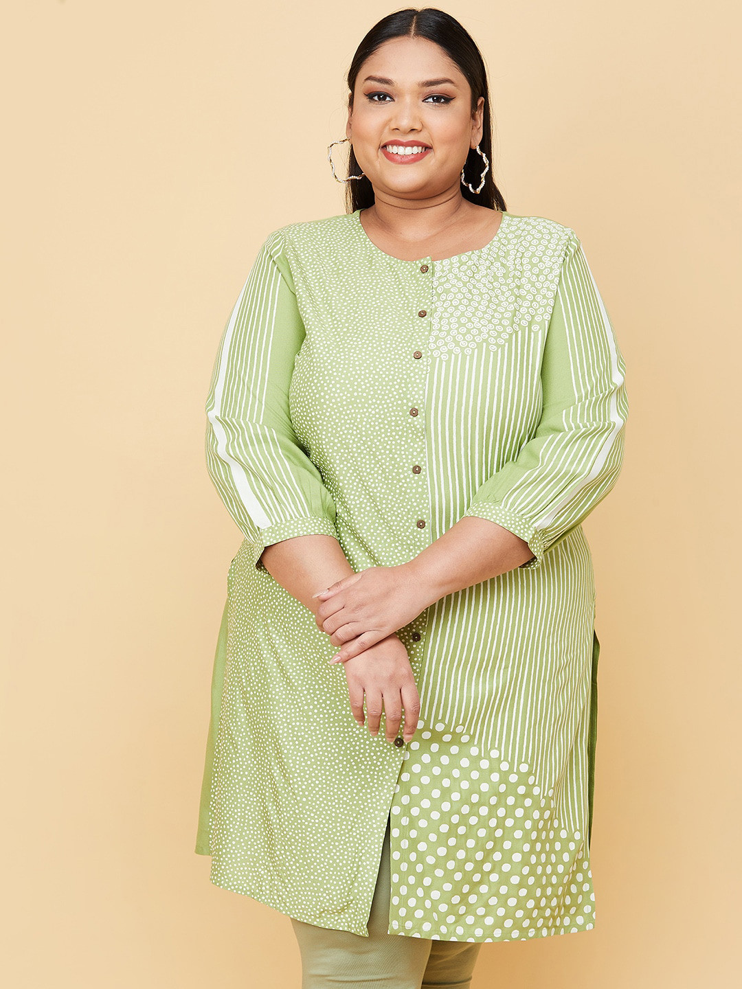 

max Women Plus Size Green Printed Straight Kurta