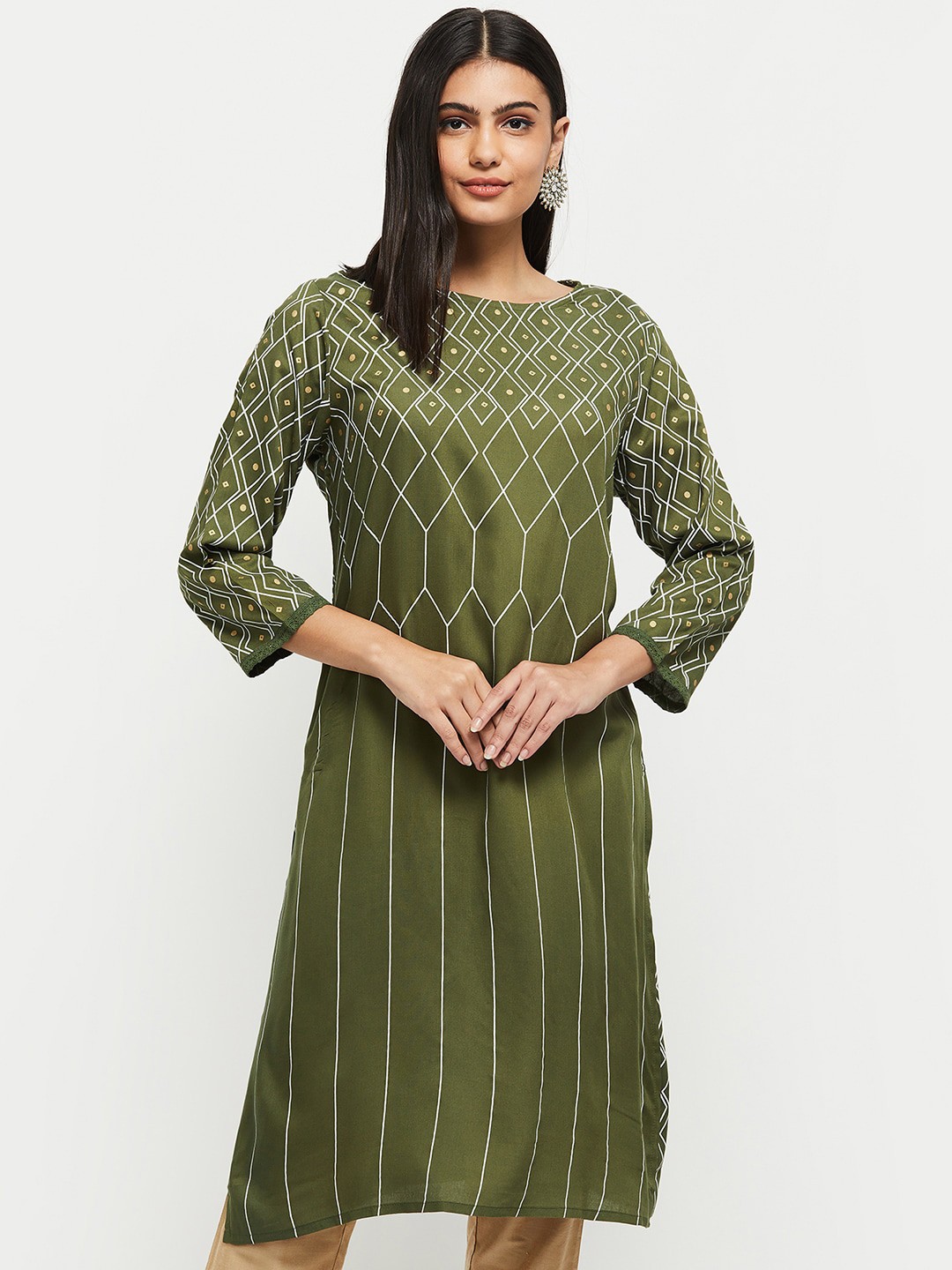 

max Women Green Geometric Printed Gotta Patti Kurta