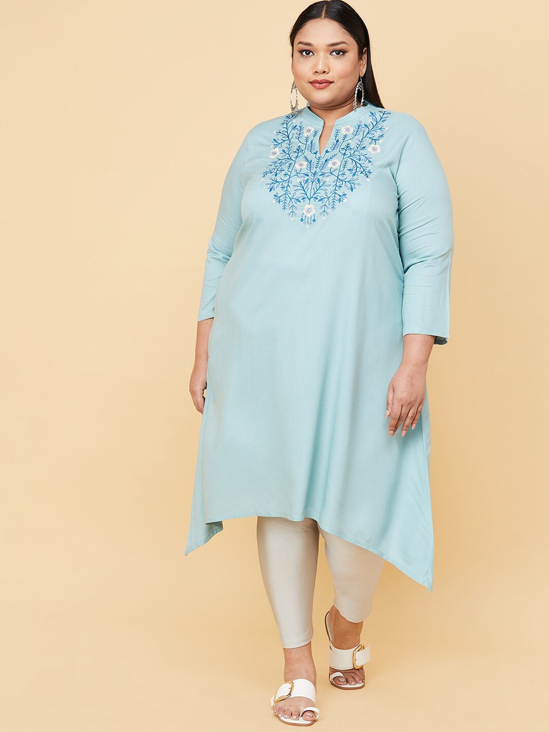 

max Women Plus Size Blue Floral Embroidered Yoke Design Kurta