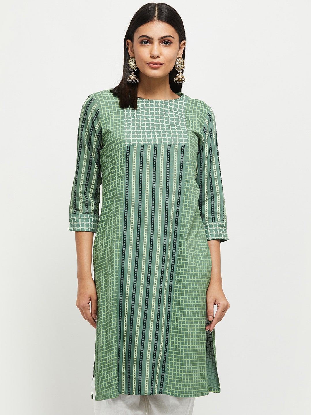 

max Women Green Striped Kurta