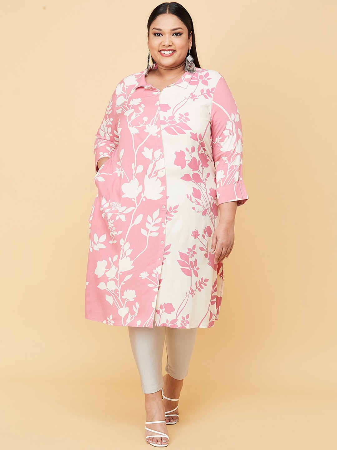 

max Women Plus Size Pink Floral Printed Kurta