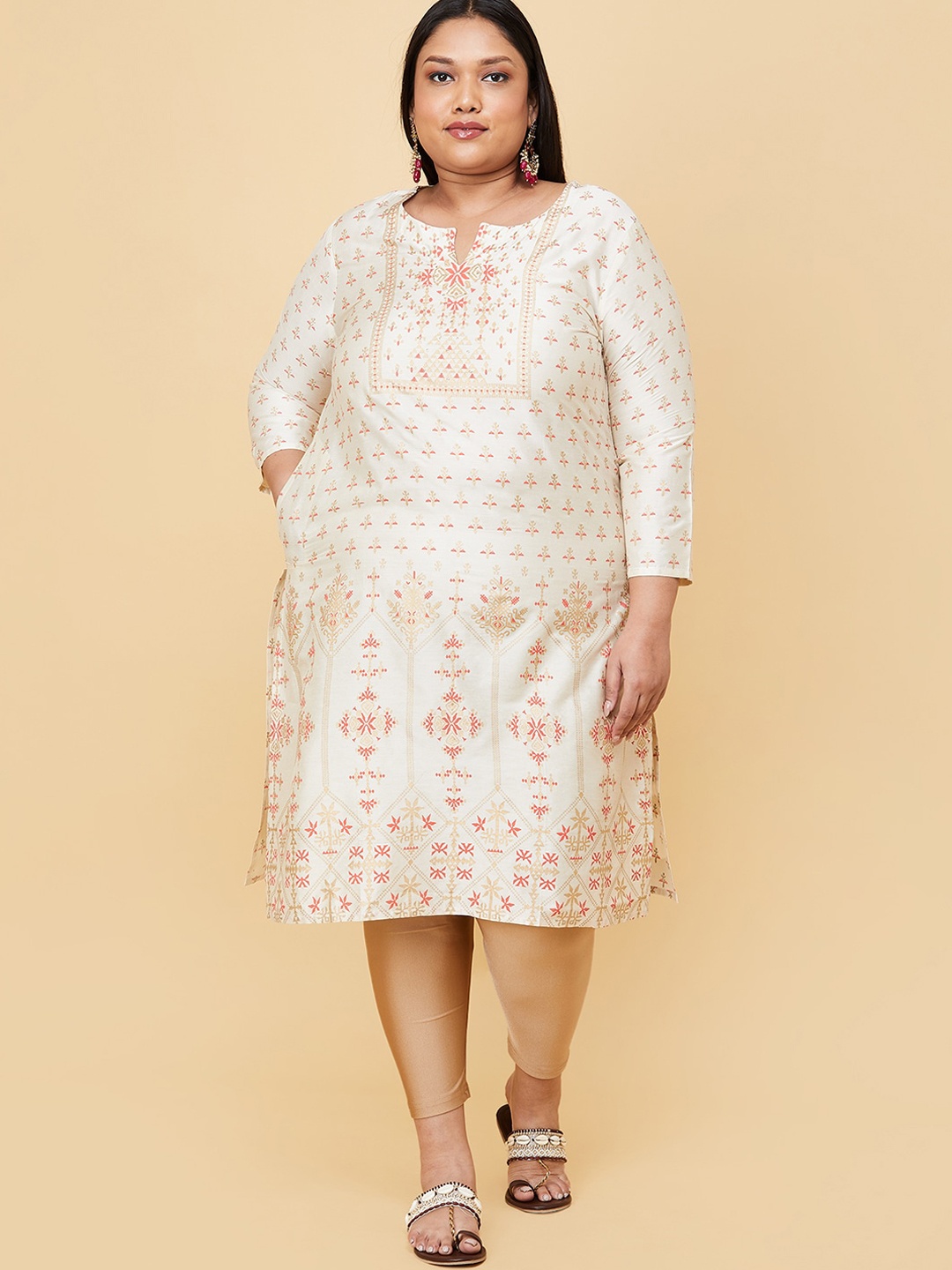 

max Women Plus Size White Floral Printed Kurta