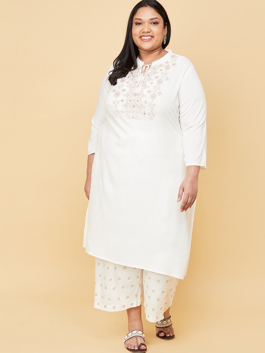 

max Women Plus Size White Floral Embroidered Kurta