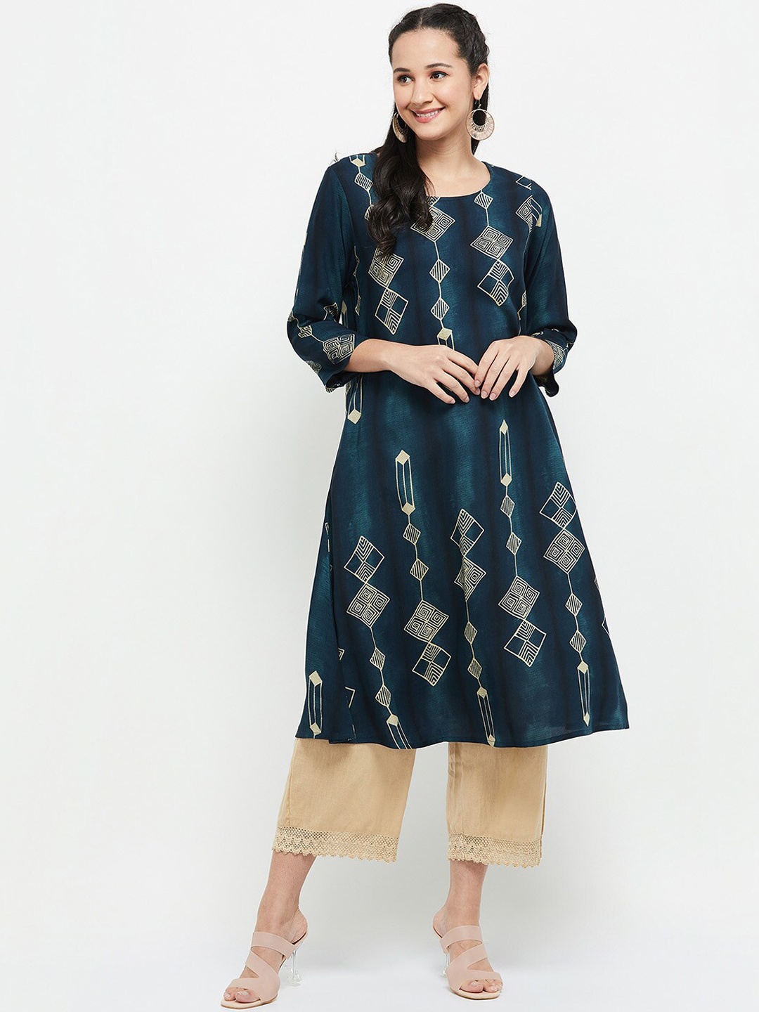 

max Women Blue & Beige Geometric Printed Kurta