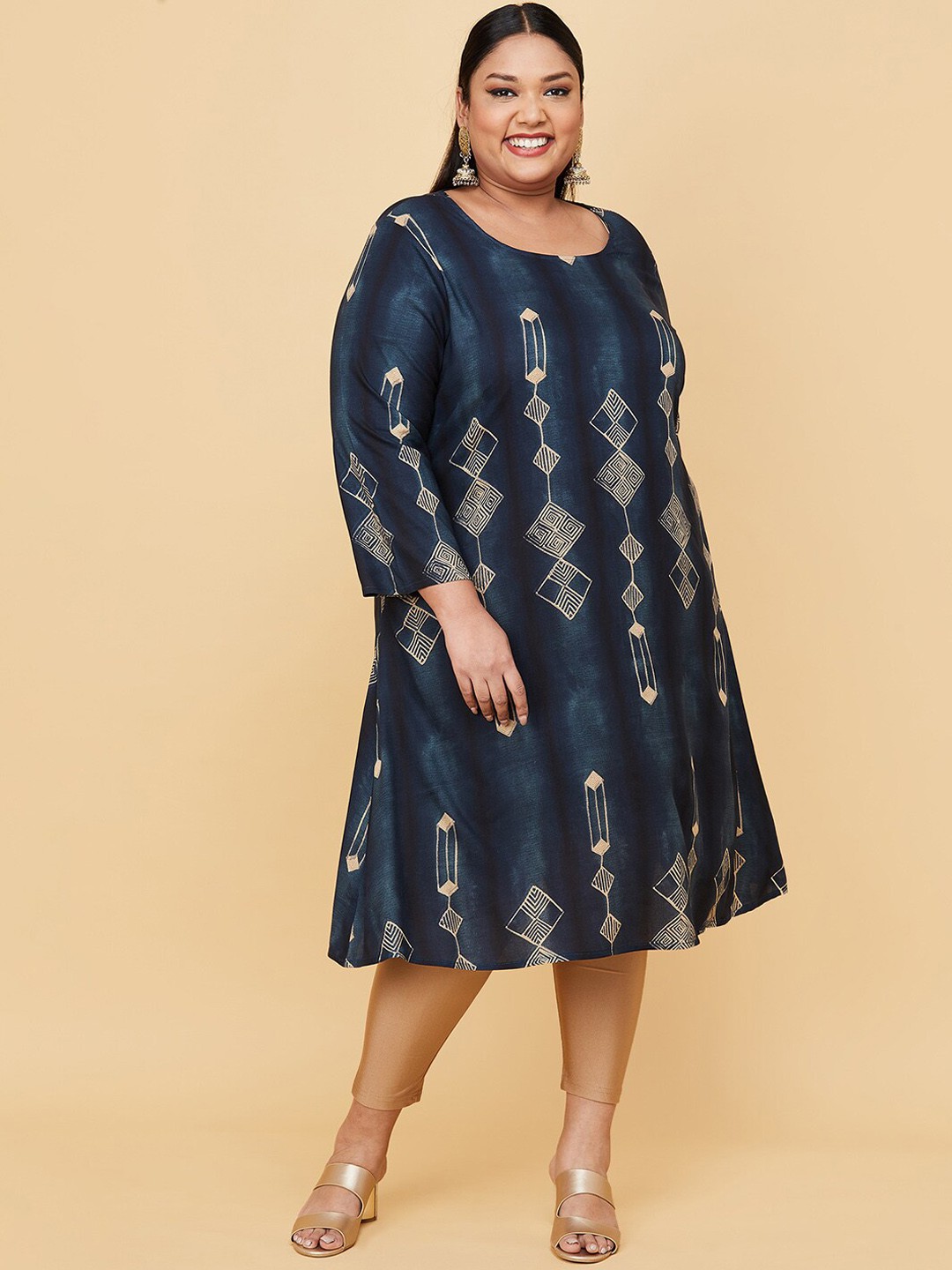 

max Women Plus Size Blue Geometric Printed A-Line Kurta