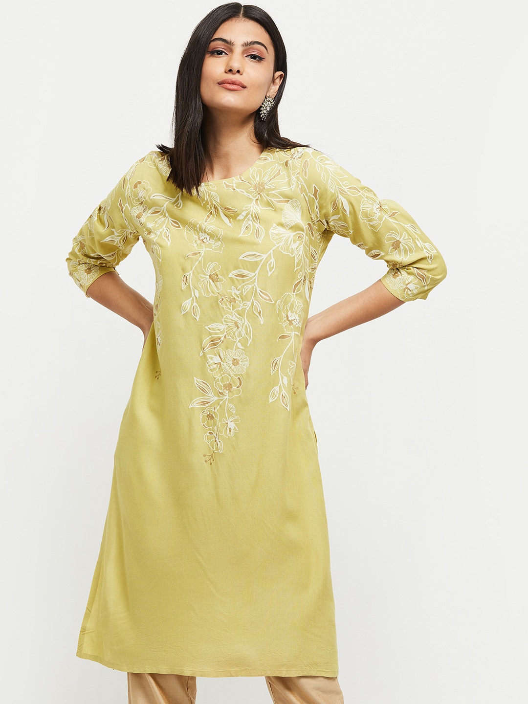 

max Women Green & White Floral Printed Kurta