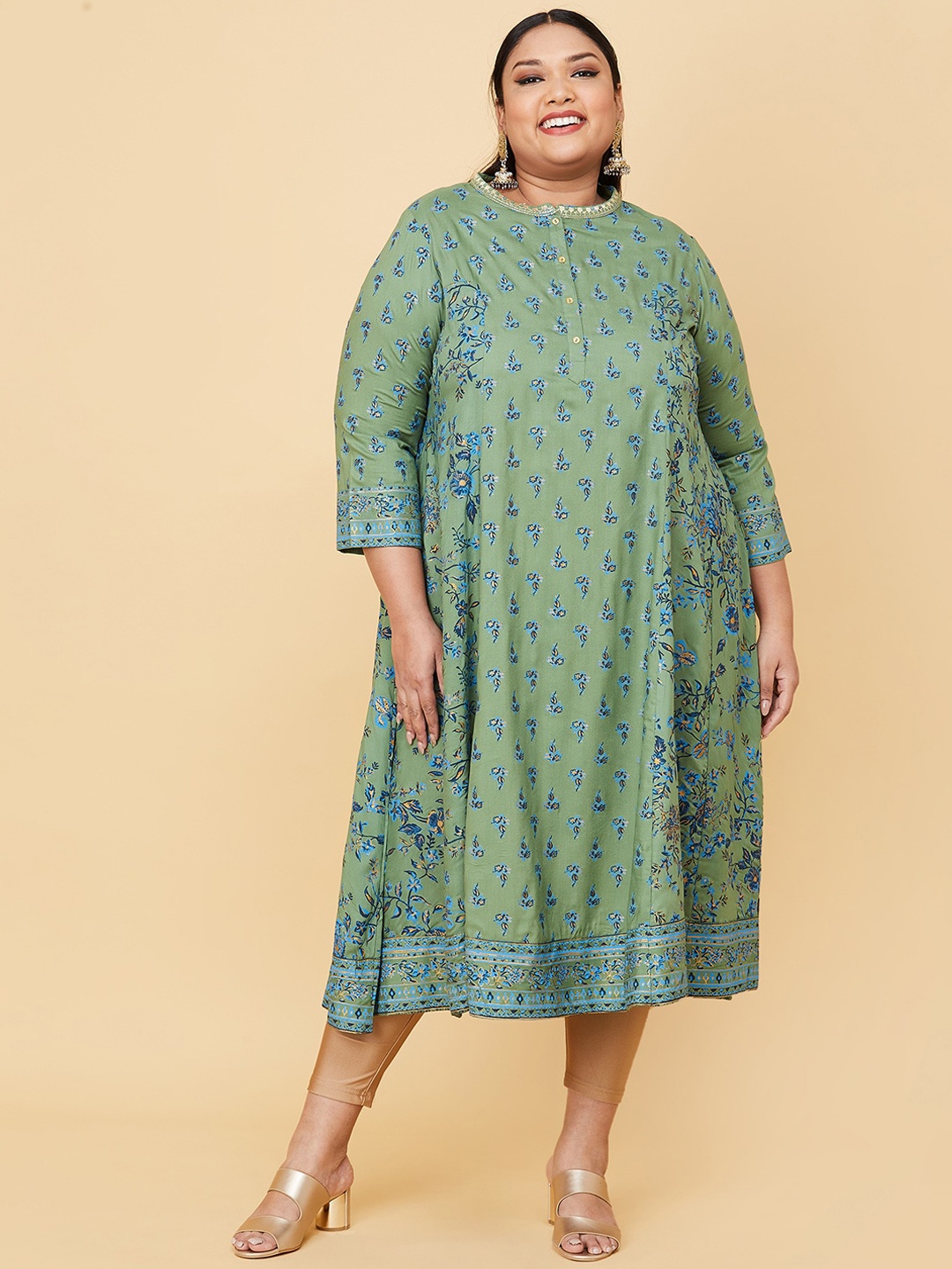 

max Women Plus Size Green Floral Printed Kurta