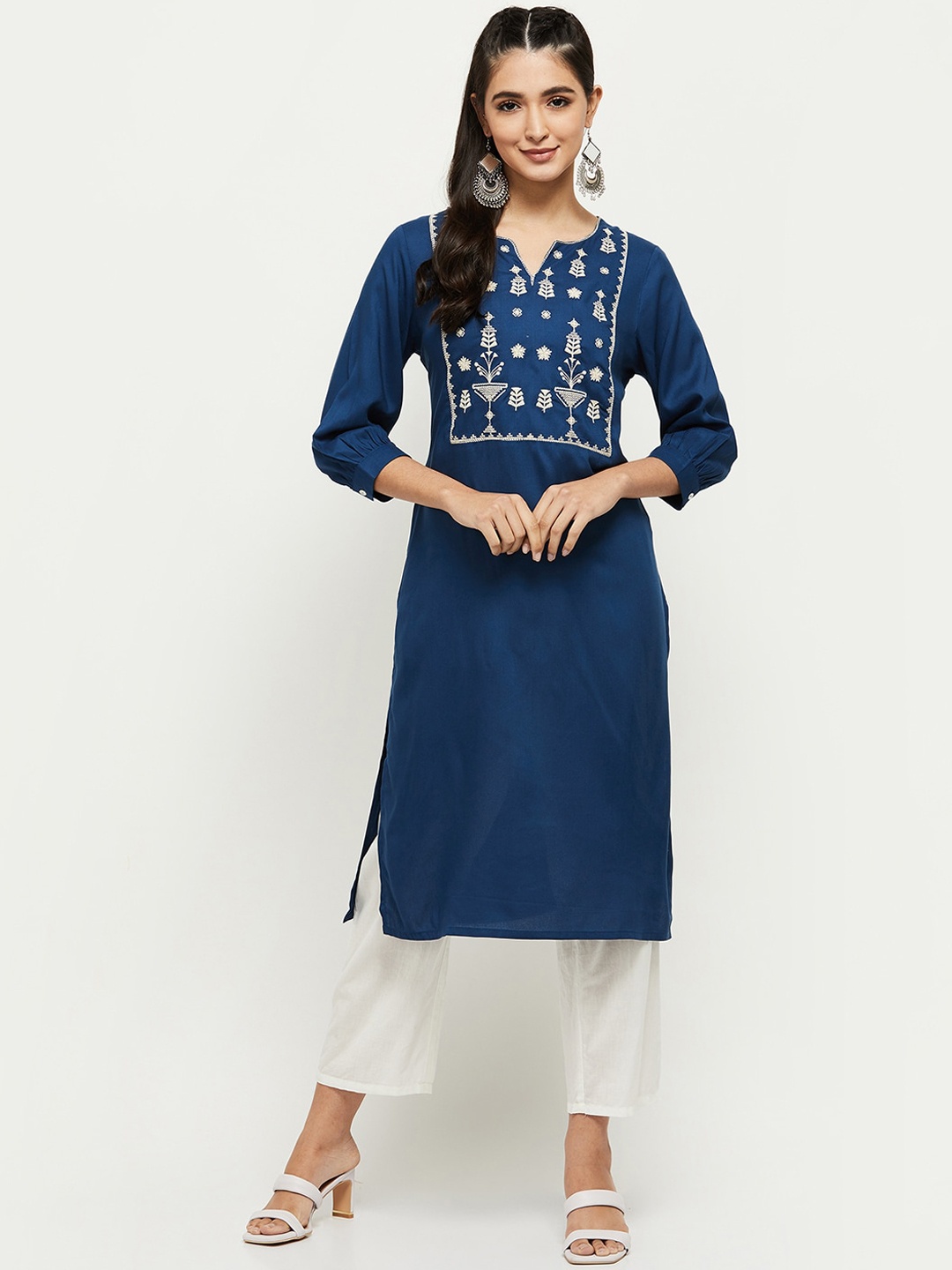 

max Women Navy Blue Ethnic Motifs Embroidered Thread Work Kurta