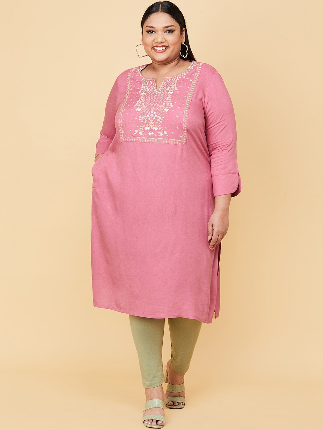 

max Women Plus Size Pink Floral Yoke Design Kurta