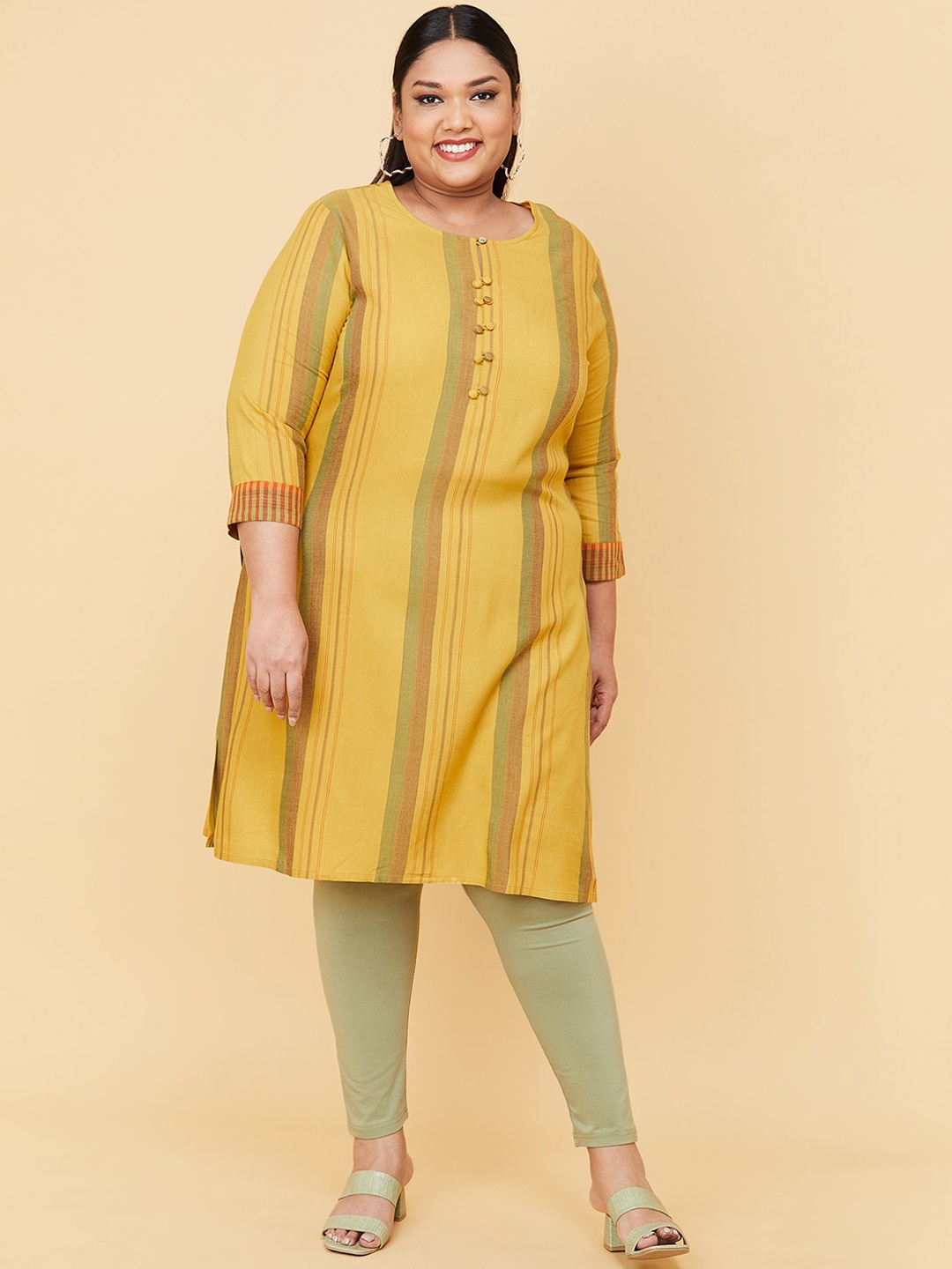 

max Women Plus Size Mustard Yellow Striped Kurta