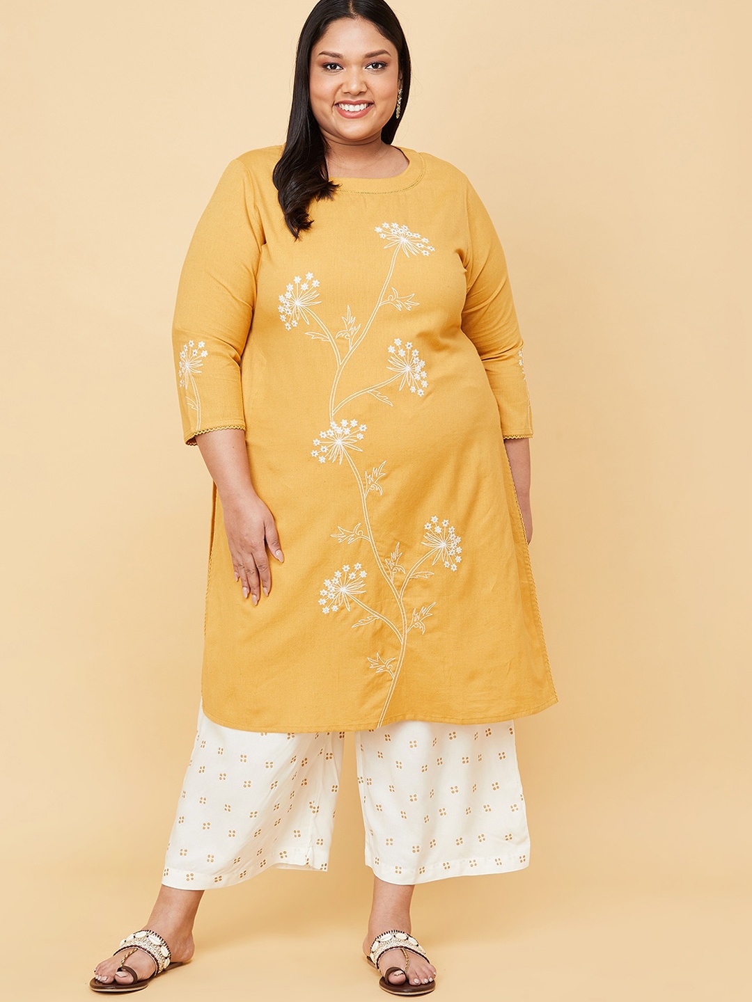 

max Women Plus Size Mustard Yellow Floral Embroidered Thread Work Kurta